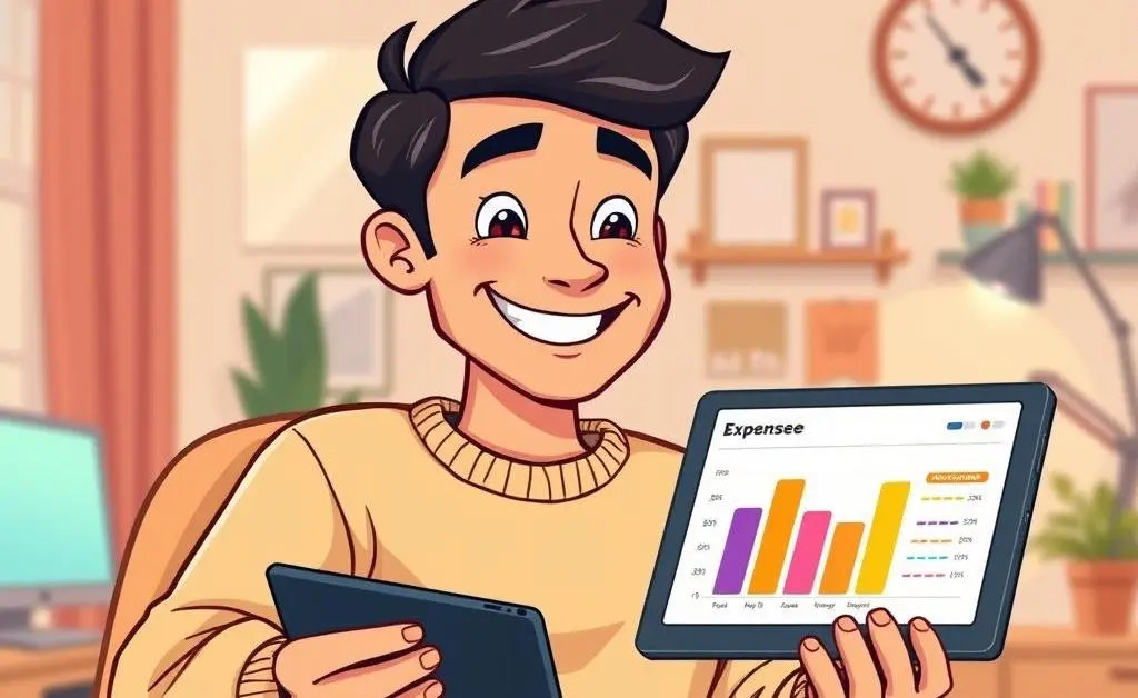 Cartoon man feeling relieved looking at a manageable expense chart
