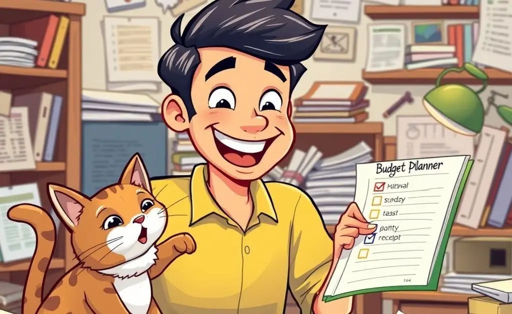 A cartoon man happily marking off tasks on a budget plan while his cat bats at crumpled receipts.