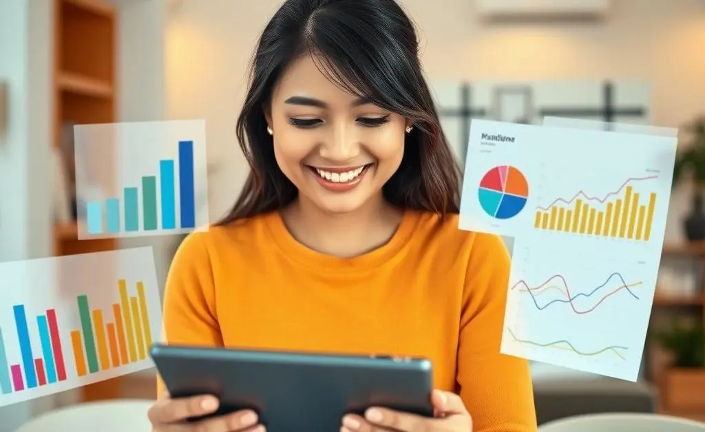 Mia happily managing her budget with various graphs and charts