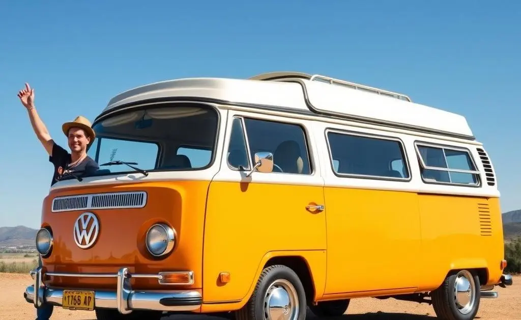 Alex triumphantly standing next to a refurbished and gleaming VW van