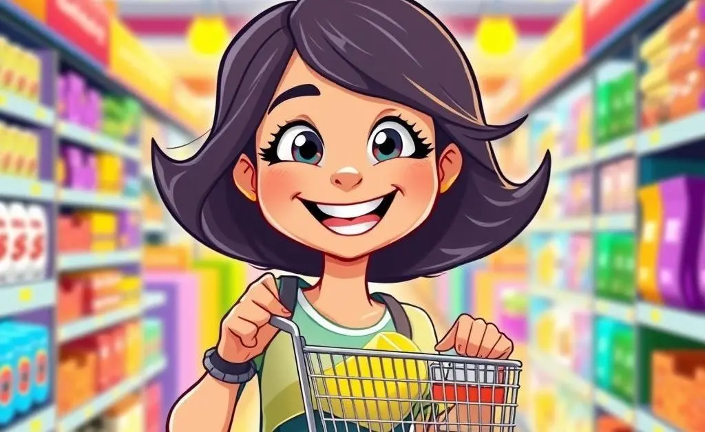A woman holding a smaller shopping cart happily