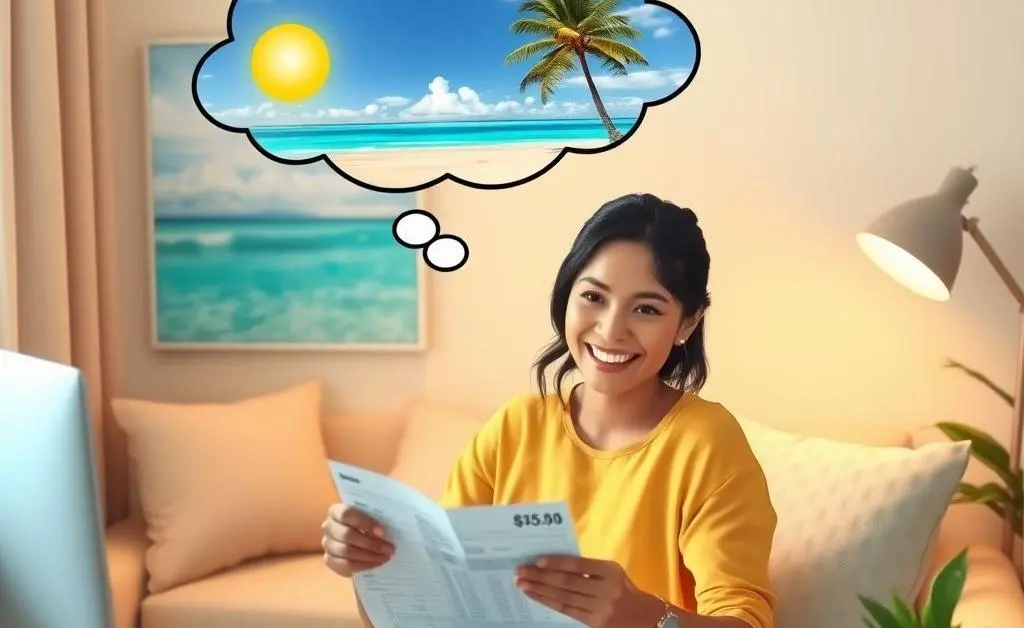 Mia delightfully calculating savings with a thought bubble showing a vacation