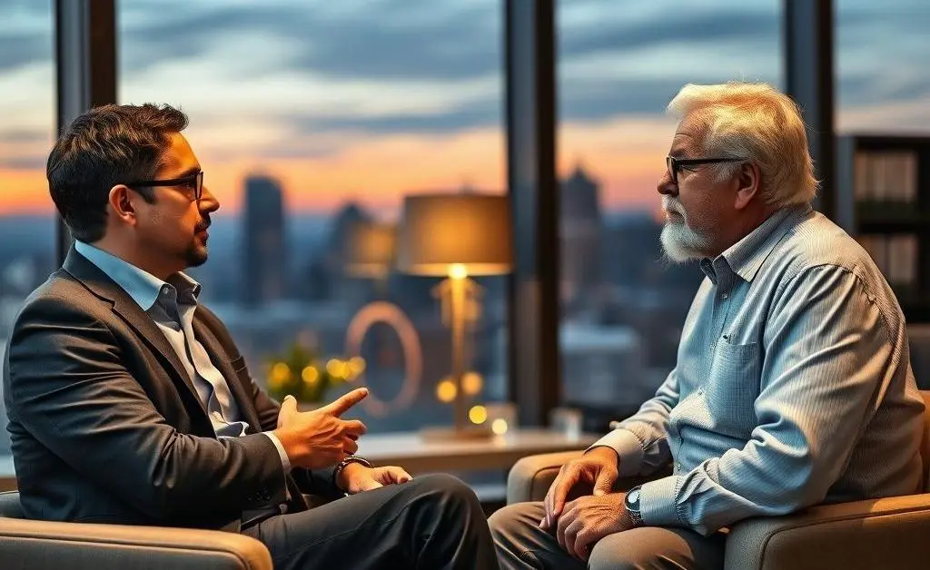 Dave talking to a wise friend who appears more experienced in business