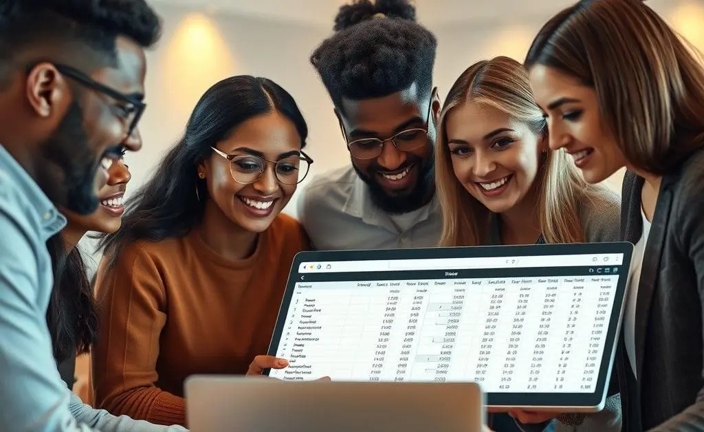 A group of friends discussing over a budget spreadsheet on a laptop
