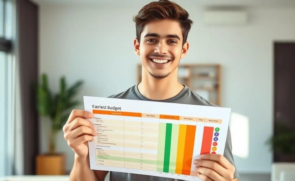 The young man confidently holding a neatly-trimmed budget plan with a sense of accomplishment
