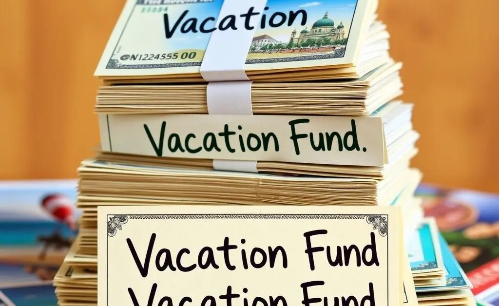 A pile of saved money labeled 'Vacation Fund' with happy travel brochures
