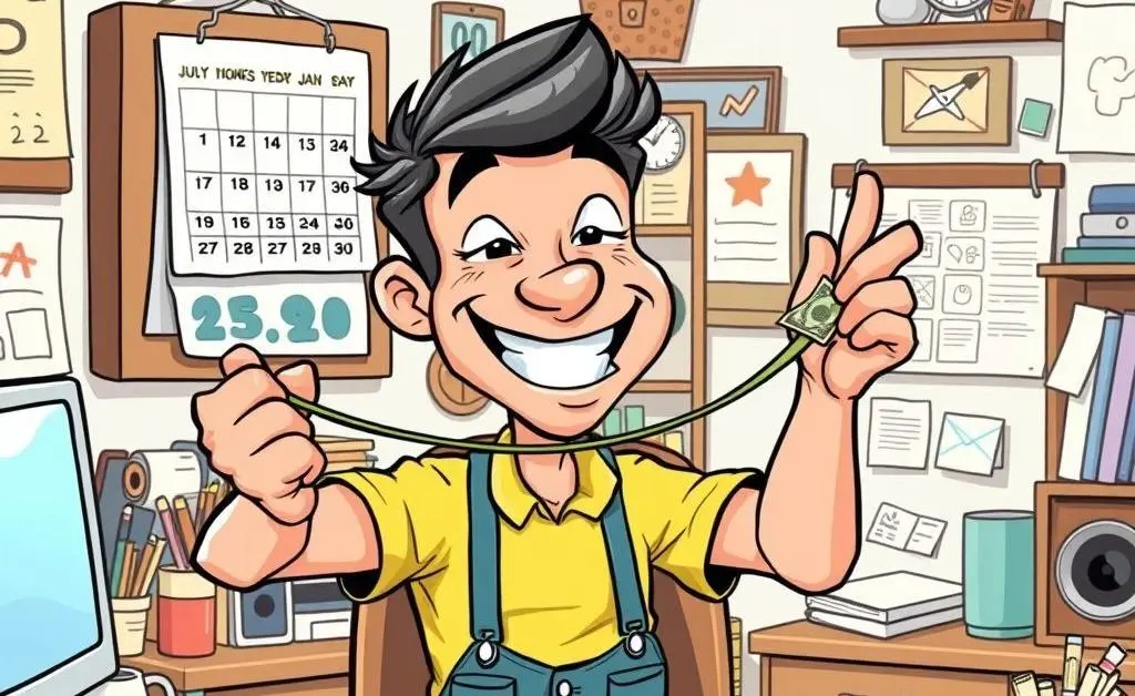 Cartoon freelancer stretching a dollar bill like a rubber band while grinning at a calendar