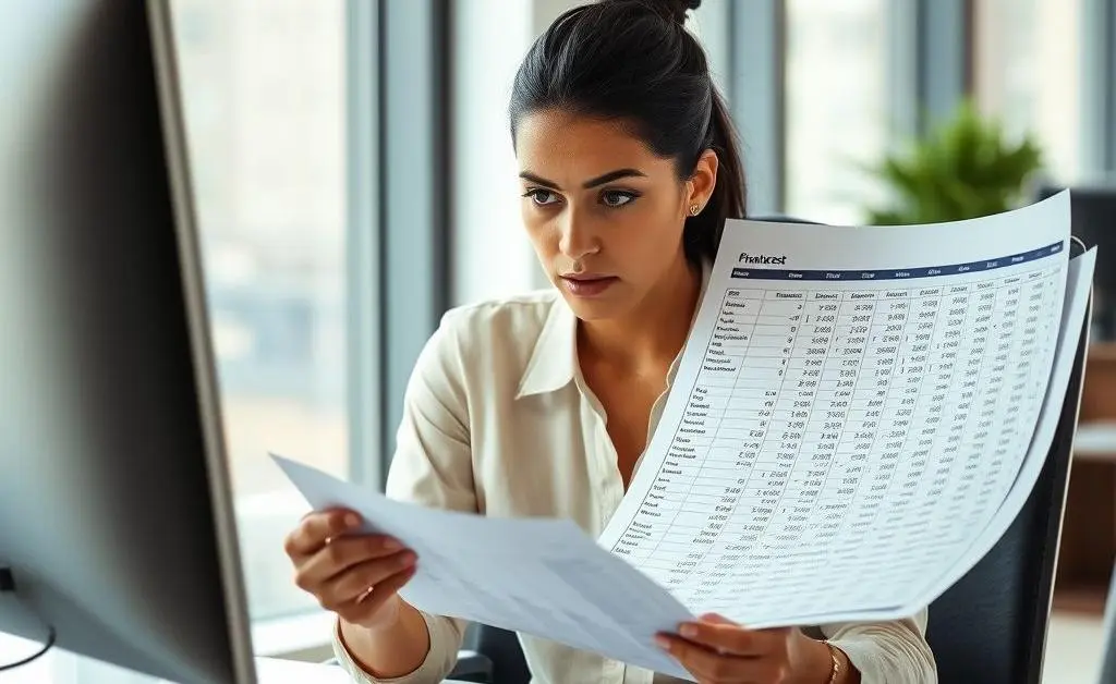 Mia reviewing a detailed spreadsheet with a focused expression, making a realistic budget