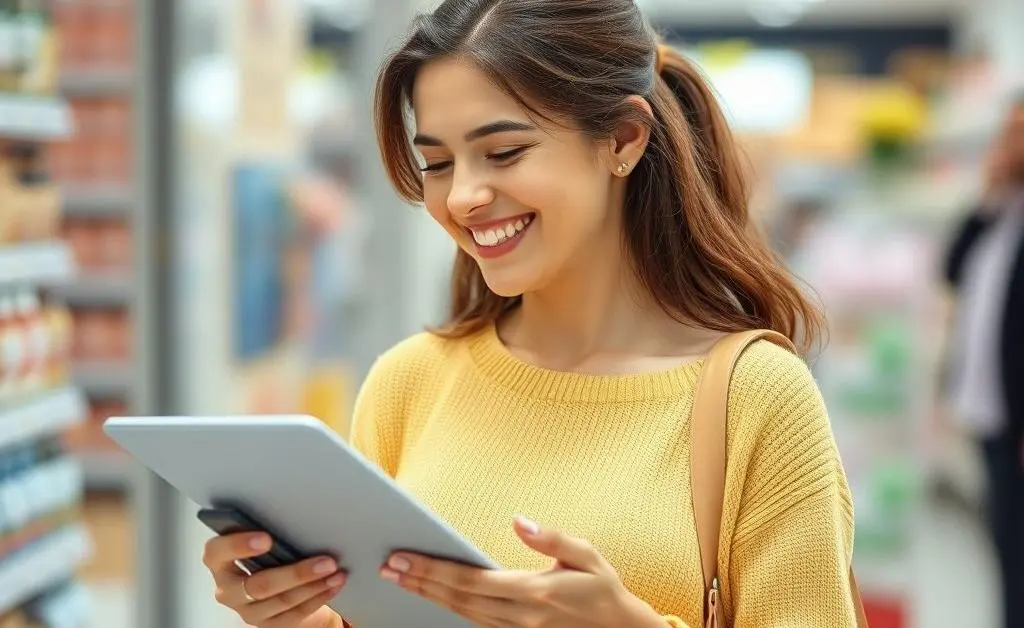 A woman happily shopping with a small list and calculator