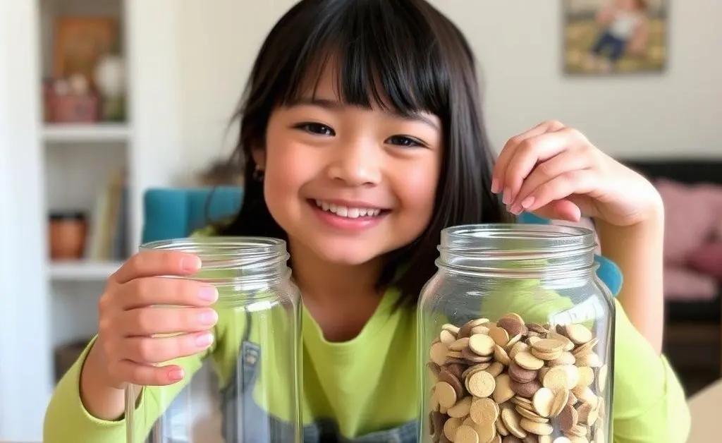 Mia smiling at her savings jar that is growing fuller each month