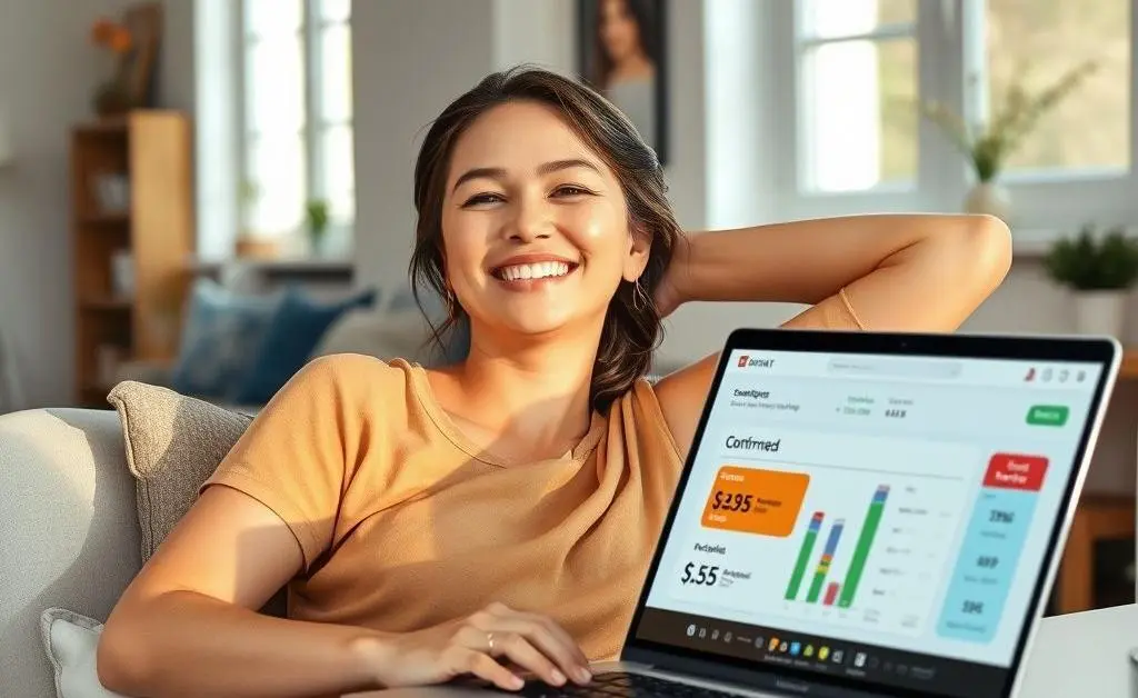 The woman relaxing with a smile, her computer screen showing a confirmation of budget-friendly purchases.