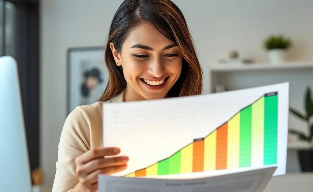Alex smiling at a new spreadsheet that shows a positive savings trend.