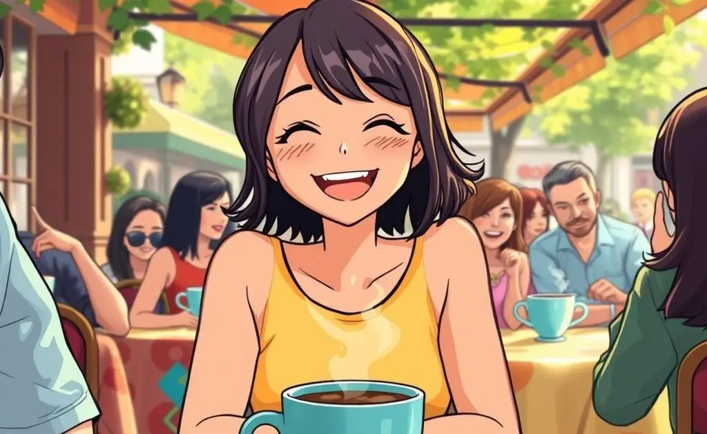 Mia having coffee with friends