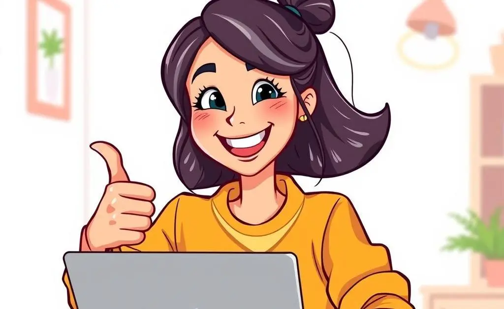 A cheerful cartoon woman closing her laptop, giving a thumbs up.