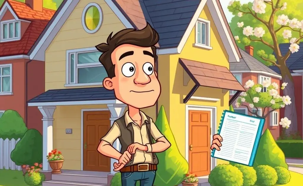 Cartoon of a different, wiser Dan standing proudly by a much better house, holding a budget planner