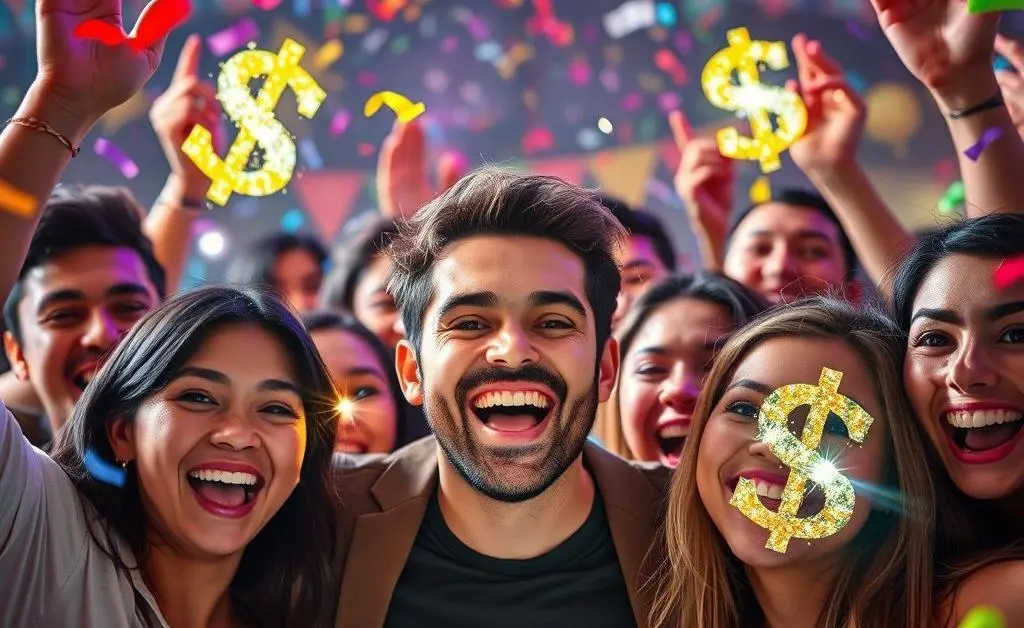 A person surrounded by friends, all cheering with dollar signs in their eyes