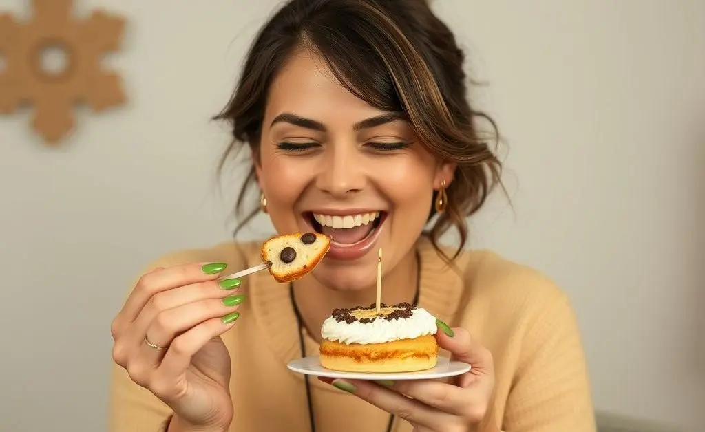 Woman celebrating with a small, responsible treat