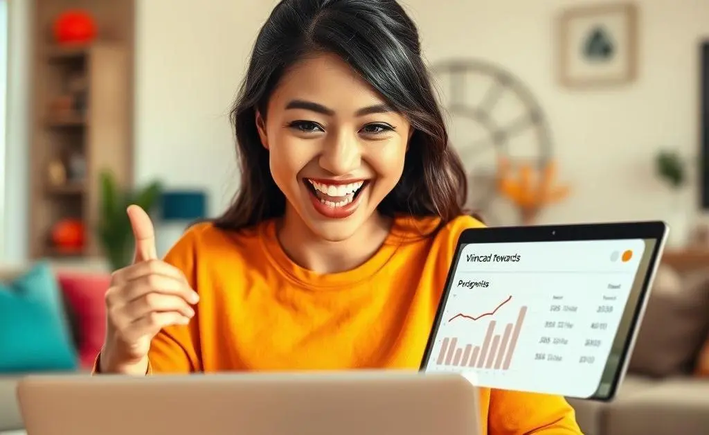 Mia enthusiastically checking her rewards balance online