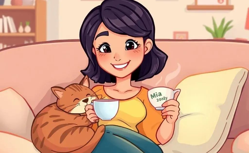 A woman relaxing with a tea and a cat, content with her budgeting