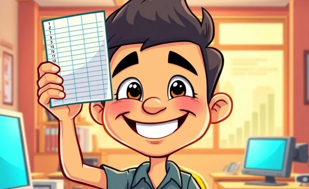 A cartoon image of a character happily closing a spreadsheet with a satisfied smile