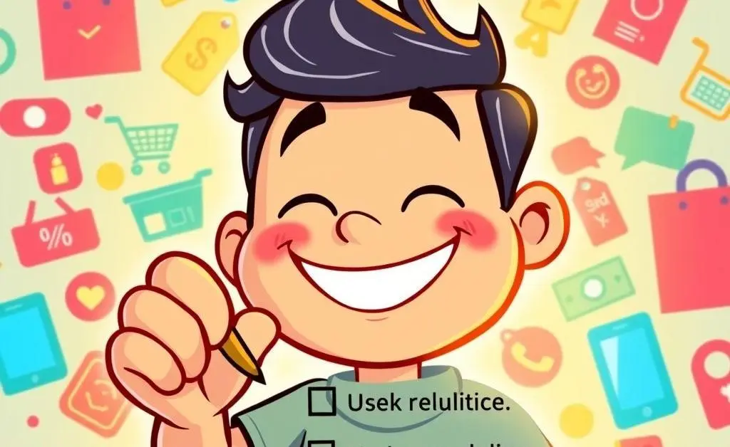 Cartoon character smiling while crossing off a checklist of budget-friendly online shopping tactics.