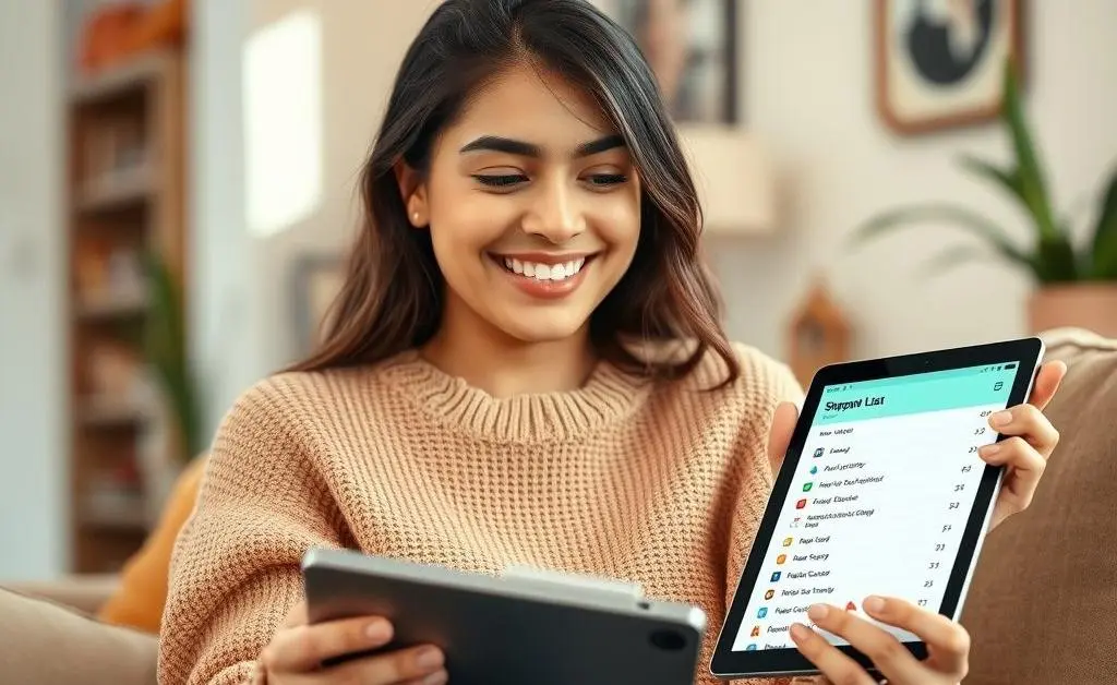 Mia smiling triumphantly as she reviews a sensible, budget-friendly online shopping list