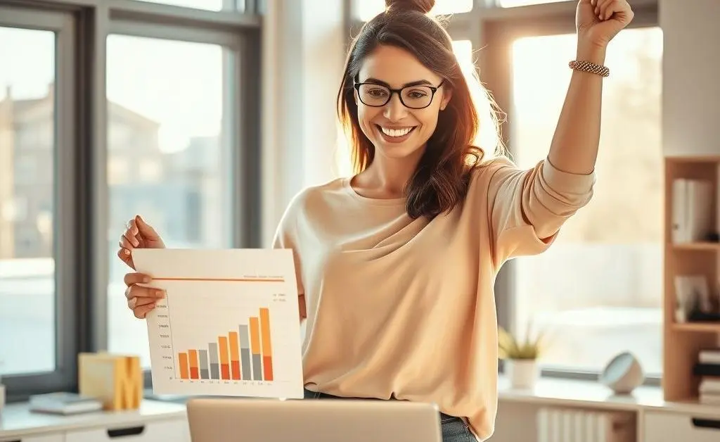 The woman feeling accomplished after sticking to a budget