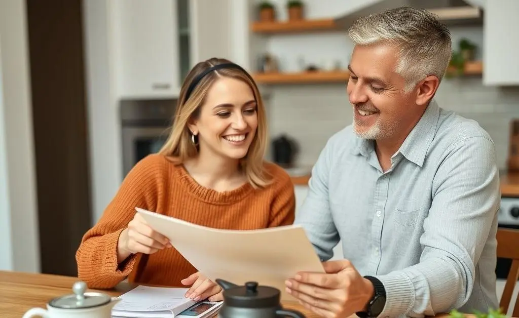 The same couple joyfully planning a budget at a kitchen table with a pot of coffee