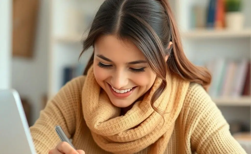 Mia looking at her savings account balance with a smile.