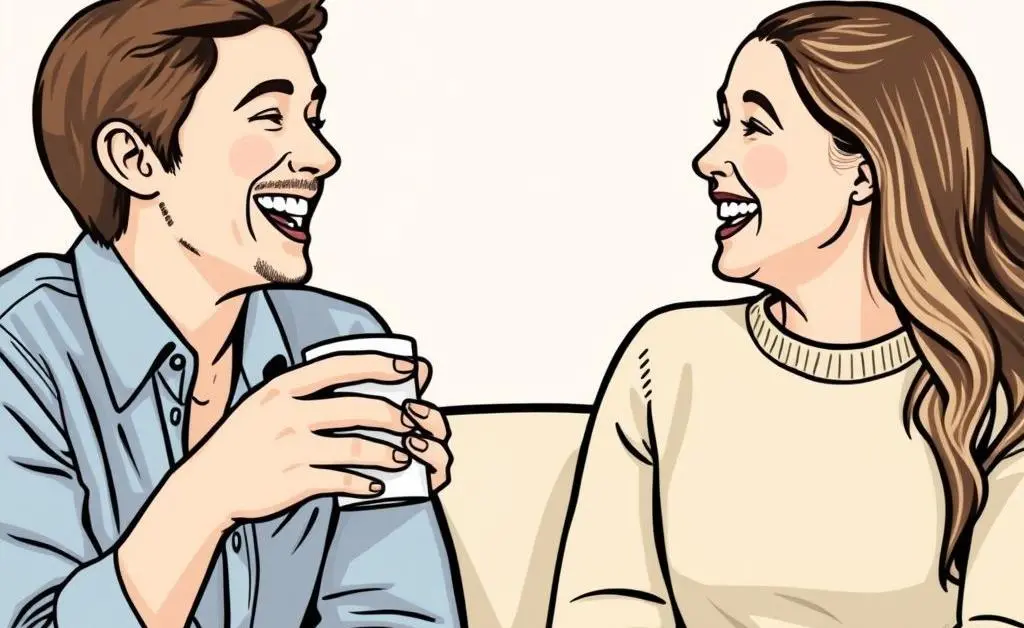 Alex, a friend, and a coffee cup laughing over financial goals