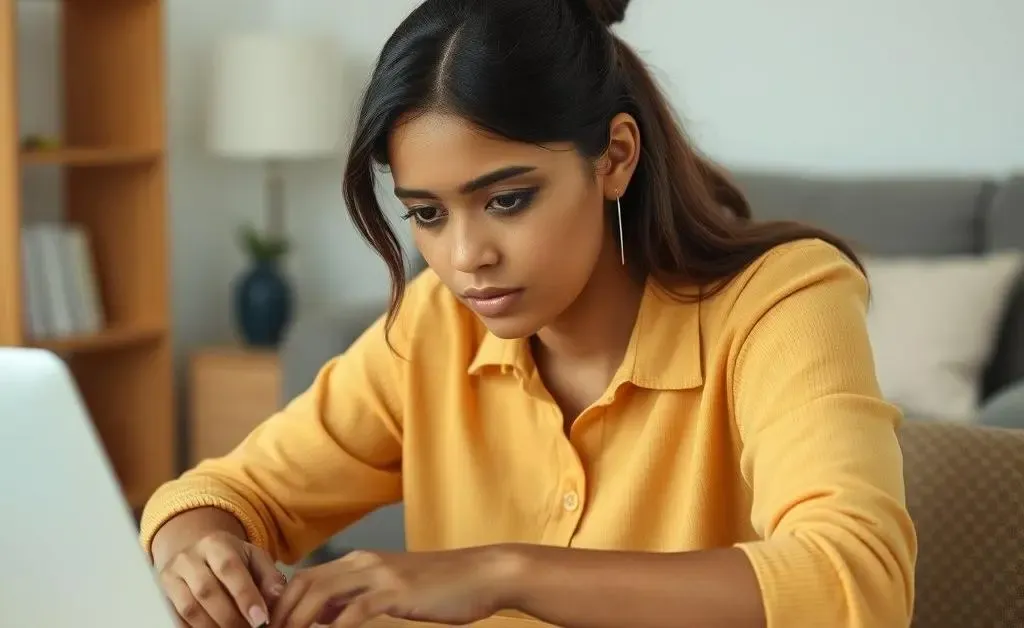 Mia sets a budget plan on her laptop, looks determined