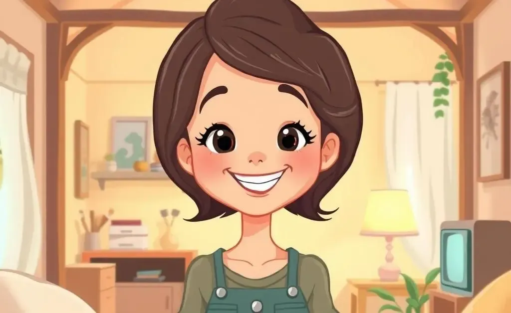 A woman smiling, surrounded by a modest, cozy home