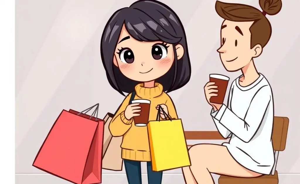 Mia holding shopping bags, meeting her friend with a coffee