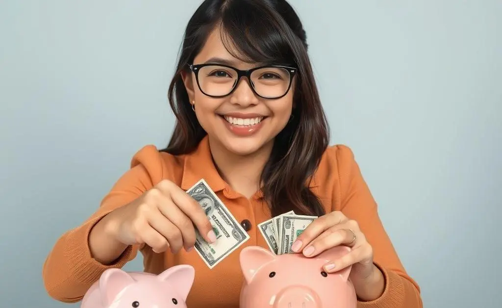 Mia, happily depositing cash into a piggy bank under her control