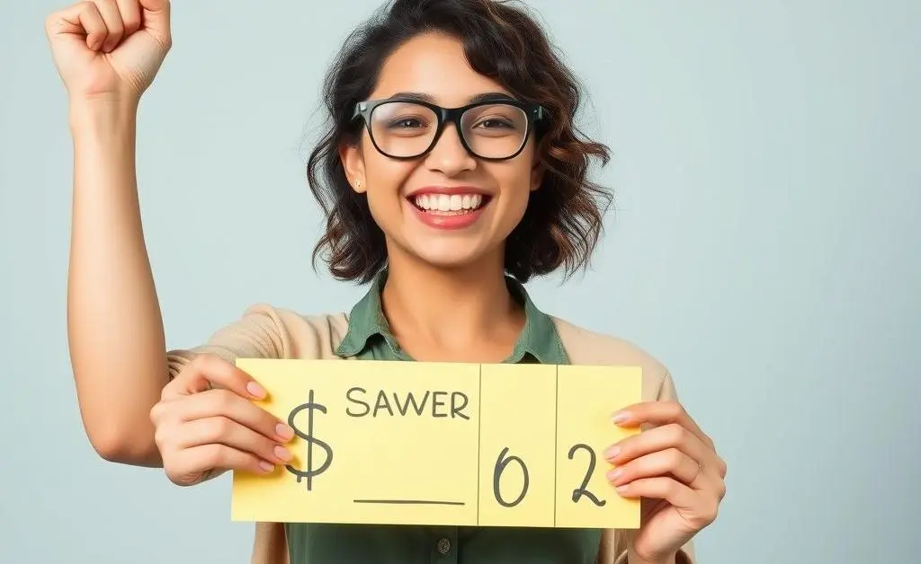A triumphant woman holding a saved-budget tally with a smile