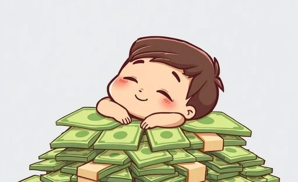 A cartoon character resting peacefully on a pile of saved money, smiling in satisfaction