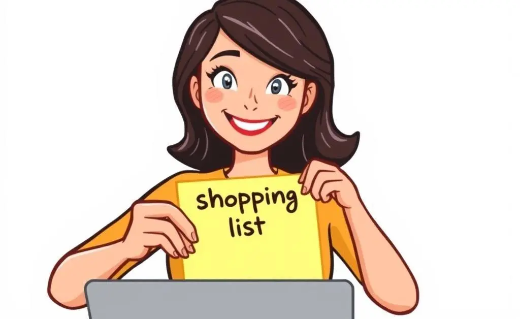 A woman sticking a shopping list reminder on her laptop