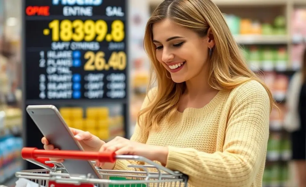 The woman happily looking at a smaller online cart total