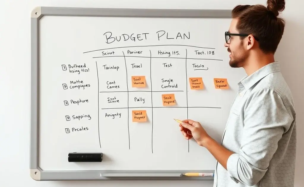 Mia and partner developing a playful budget plan together on a whiteboard
