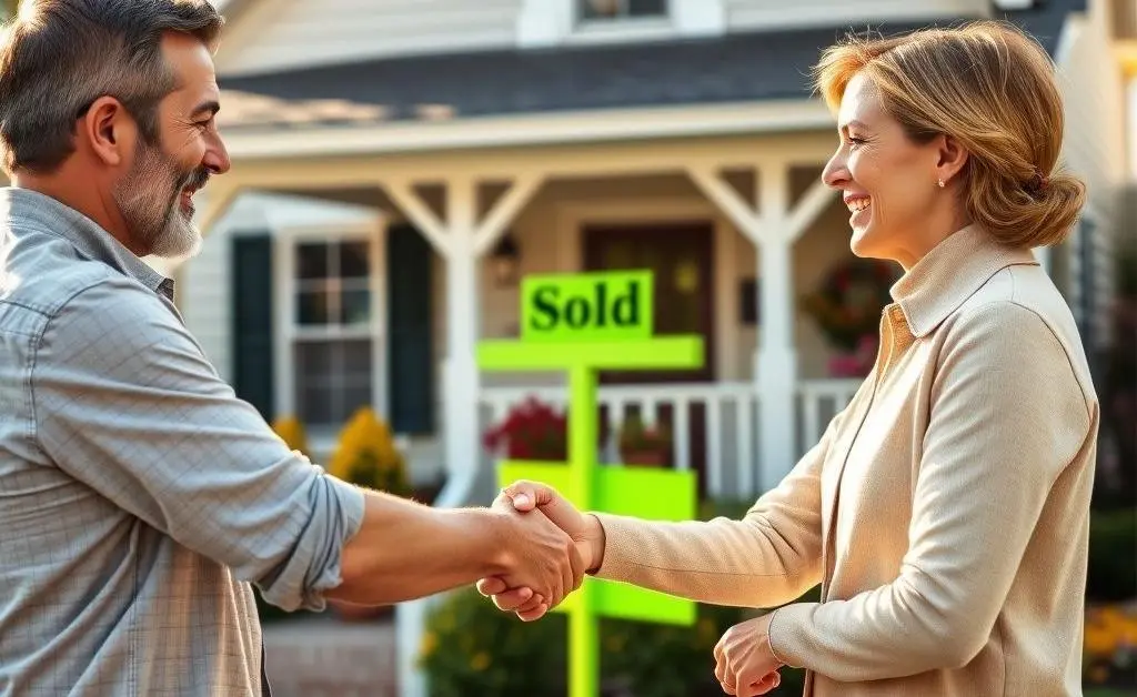 The couple shakes hands, in the background a house with a 'Sold' sign