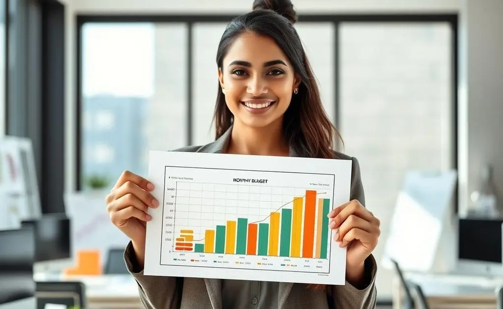 Mia triumphantly holding a monthly budget chart