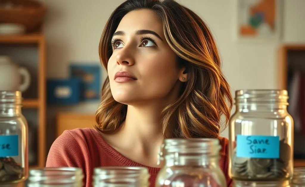 A woman daydreaming of future travels, surrounded by savings jars labeled for goals