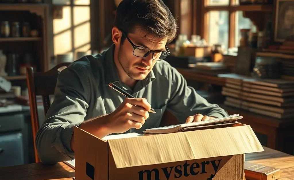 Sam sits thoughtfully, pen in hand, planning ways to tame the chaos, contemplating where to even start with this 'mystery stockpile.'