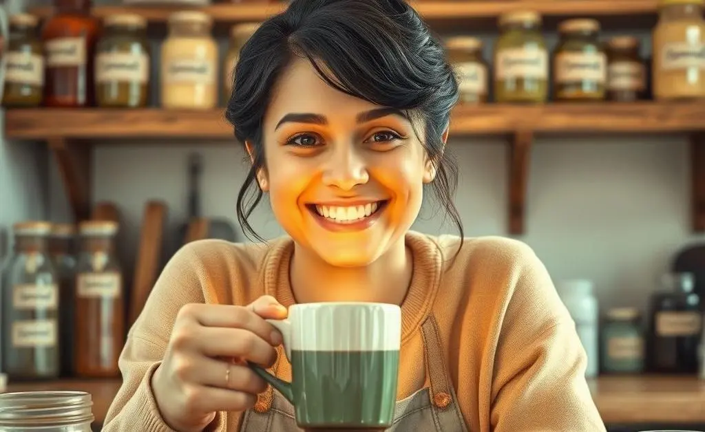 The character smiling, sipping on homemade coffee and surrounded by