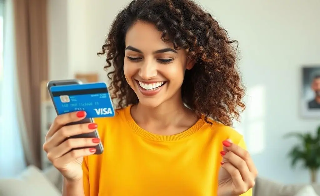 A woman smiling with a credit card in hand, looking at a low statement balance