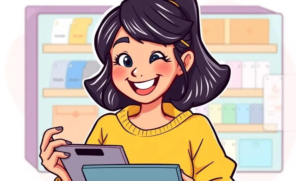 Mia confidently shopping online, sticking to her budget