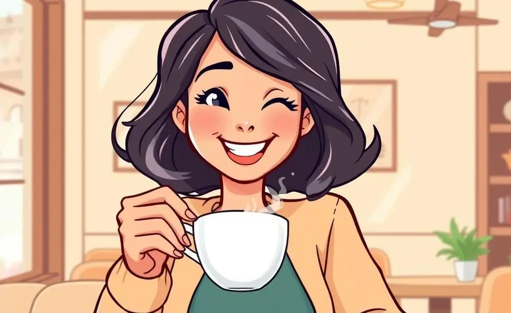 Mia happily sipping coffee, confident with her controlled spending