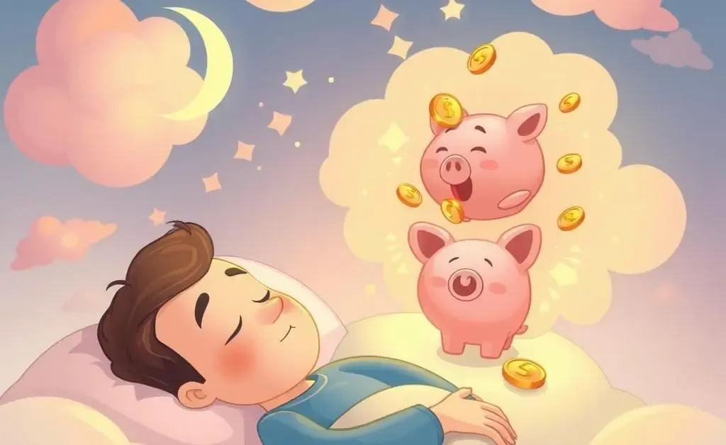 A cartoon man dreaming of a stress-free future with a piggy bank