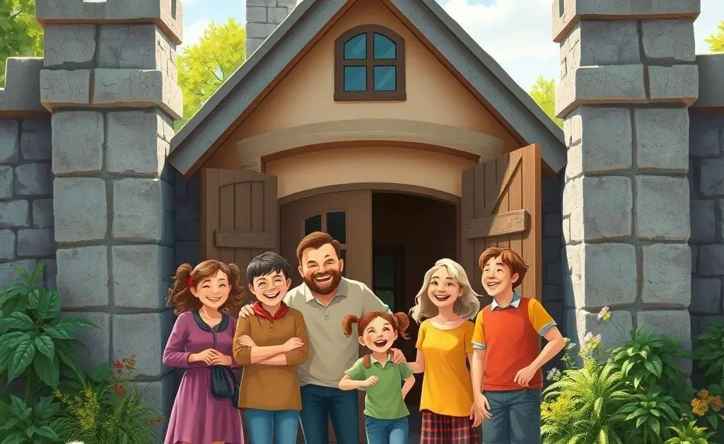 A humorous dovetail of the family with a safely fortified home, blissful expressions