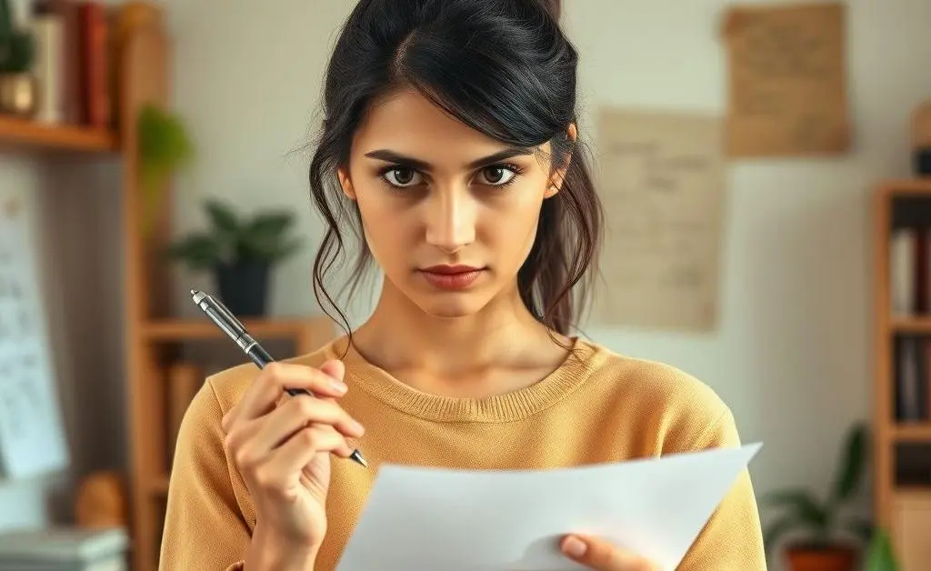 Mia holding a pen and paper with a look of determination